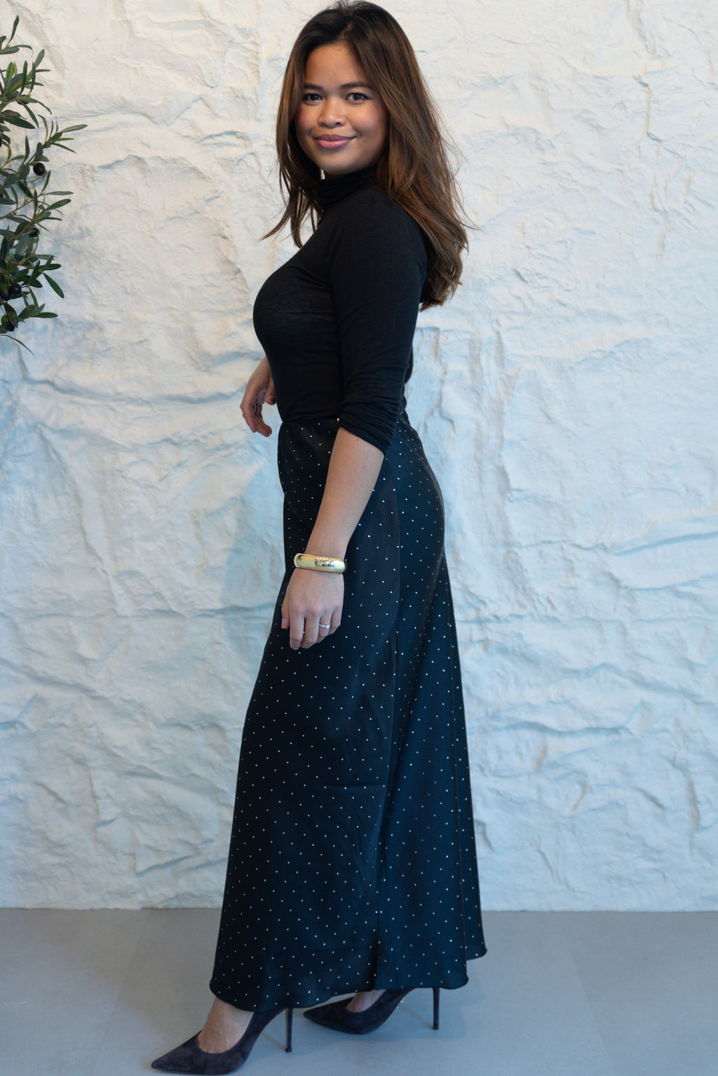 SATIJNEN MIDI-ROK MET STRASS STENEN