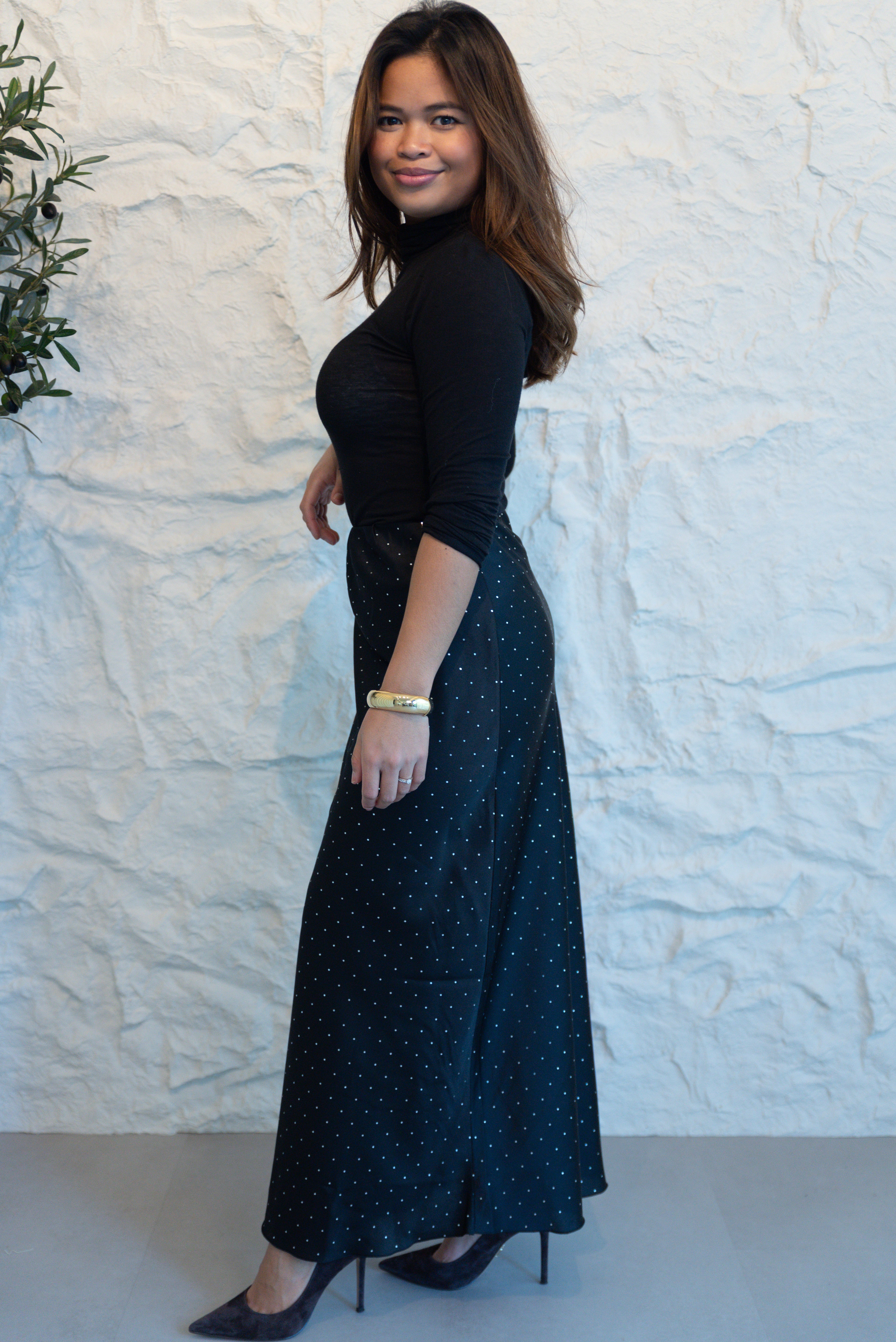 SATIJNEN MIDI-ROK MET STRASS STENEN